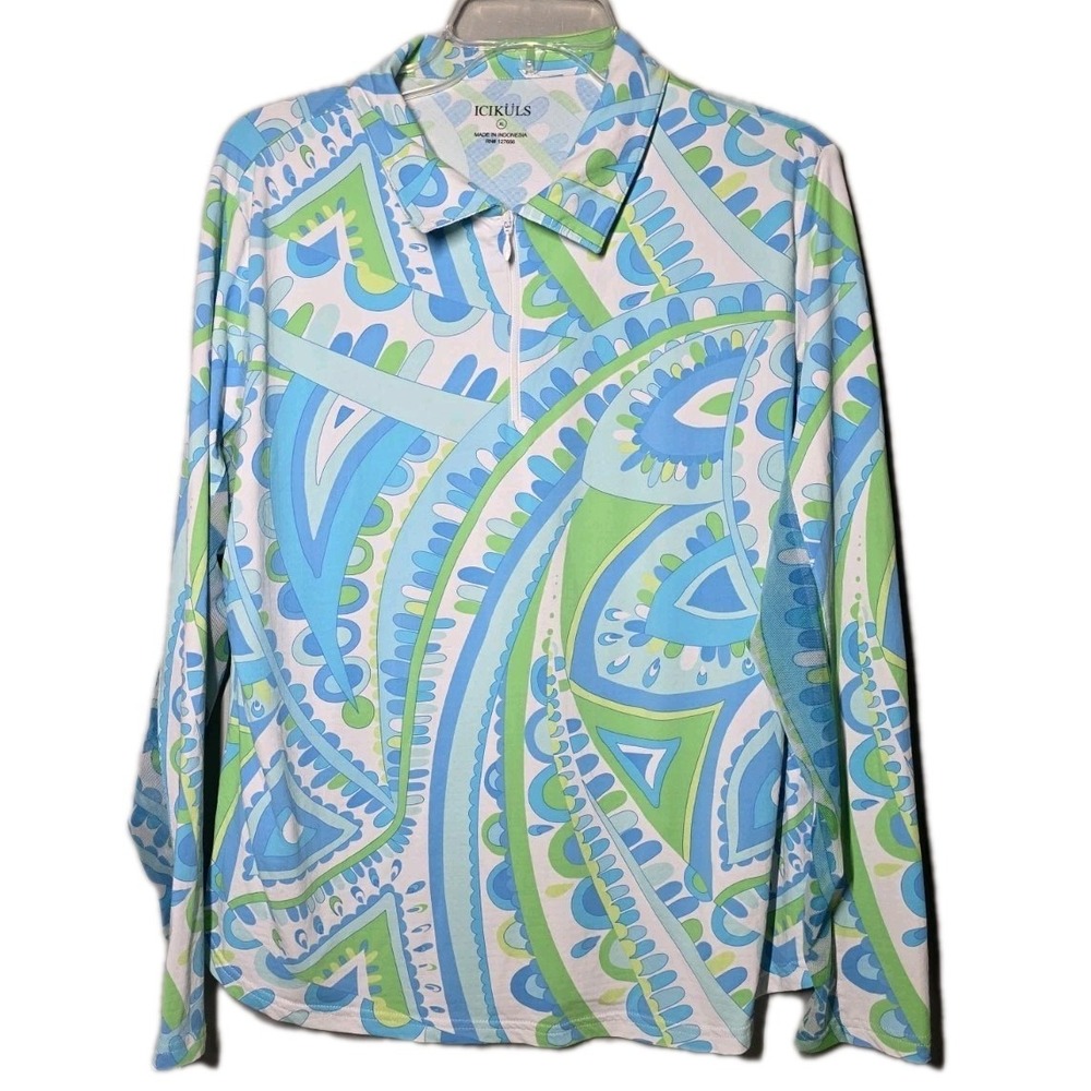 Icikuls 1/4 Zip Top Womens XLarge Blue Green Abstract‎ Long Sleeve Mesh Sunshirt